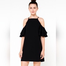 Vestido para mujer Silence+Noise negro talla M hombro frío volantes crepé mini cuello alto