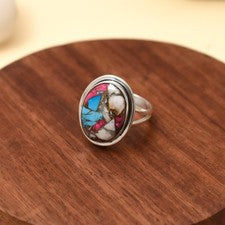 Hermoso anillo de plata esterlina 925 maciza con piedras preciosas algodón caramelo turquesa para mujer