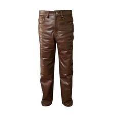 Nuevo Pantalón de Cuero Marrón Estilo Piel de Cordero Suave Calce Ajustado Moto Motociclista Pantalón