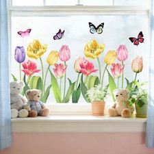 Vibrante calcomanía estática de tulipán y mariposa para vidrio para decoración del hogar