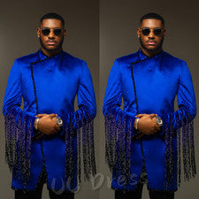 Trajes de terciopelo para hombre azul real borla esmoquin formal graduación chaquetas largas blazers