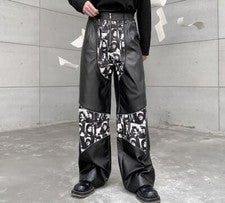 Pantalones estampados sueltos negros góticos punk de moda para hombre de fiesta pantalones de cuero sintético