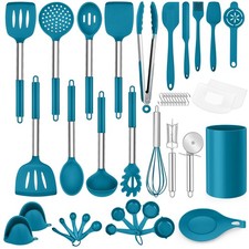 Juego de utensilios de cocina de silicona azul 43 piezas con soporte mango de acero inoxidable