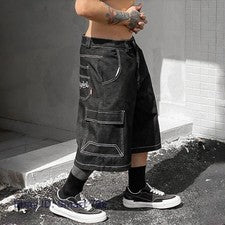 Pantalones Cortos de Carga de Denim Sueltos Hasta la Rodilla Chicano Gangsta Estilo Hip-Hop Sueltos para Hombres