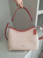 Bolso de hombro Coach CV975 Laurel nuevo con etiquetas en lona exclusiva ARENA/NARANJA PROFUNDO