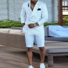 Traje a Rayas Estilo Británico Para Hombre Conjuntos de 2 Piezas Blazer Chaqueta Informal Pantalones Cortos Trajes