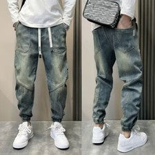 Moda Para Hombres Denim Harén Pantalón Ajustado Jeans Suelto Cordón Informal Jeans Pantalón