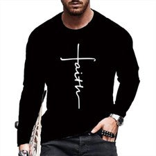 Camisetas Manga Larga Hombre Moda la Fe Cruz Negro Estampado Casual sedoso suave