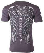 Camiseta ARCHAIC by AFFLICTION Gris ALAS DE COLUMNA Manga Corta Calce Ajustado Y2K Nueva con Etiquetas