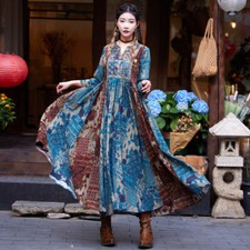 Primavera Moda Retro Mujer Informal Suelto Multicolor Estampado Cuello en V Vestido Línea A
