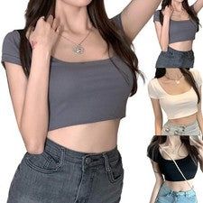 Camiseta de mujer de moda cintura alta manga corta parte superior slim camiseta suéter