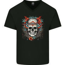 Camiseta de algodón con cuello en V y calavera tribal estilo bohemio A