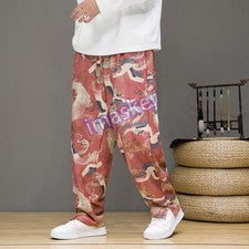Pantalones informales con estampado estilo chino para hombre con bolsillos cintura elástica