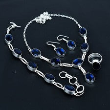 Juego de joyas de regalo étnico hecho a mano con piedras preciosas ovaladas de plata de ley 925 de iolita VJ 195