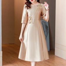 Mujer Mamá Moda Satén Vestido Champagne Vestido de Boda Mangas 3/4 Vestido de Fiesta