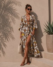 Leinen Kimono Kleid Boho Muster Kaftan Strand Tunika Bikini Cover Up Sommerkleid