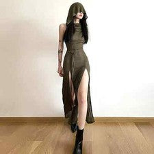 Sexy Vestido Largo Moda Con Capucha Sin Mangas Estilo Coreano Damas Con Cordones Bodycon