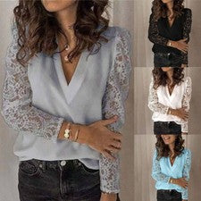 Blusa para mujer cuello en V camiseta OL manga larga encaje ajustada moda Prendas para el torso vacaciones