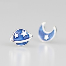 Ohrstecker Weltall Mond Stern Saturn blau Silber 925 Ohrringe