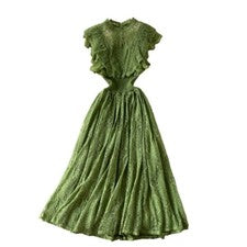 Damen Blumenspitze Kleid Midi Ärmellos Rüschen Swing Freizeit Elegant Mode Chic