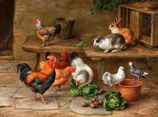 Arte para el hogar decoración pollos y conejos en la granja pintura al óleo impresa en lienzo
