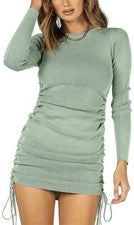 Mini Vestido Para Mujer Moda Boutique Verde Salvia Manga Larga Lados Acanalados