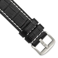 Correa de reloj 24 mm 8" negra mate estilo caimán grano cuero tono plateado hebilla