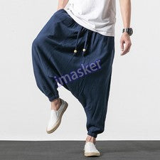 Pantalones de entrepierna baja de algodón de lino estilo chino para hombre Pantalones étnicos informales
