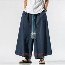 Hombres Pantalones Informales Harén Pantalones Hanfu Pierna Ancha Recto con Cinturón Étnico Moda
