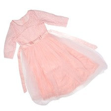 Girl Performance Dress Lace Long Sleeves Princess Pageant Bow Tie Pure Color SET
