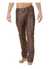 HOMBRE MARRÓN Pantalón de Cuero de Vaca Real Jeans y Estilo Bikers Pantalones Cuir Antiguo