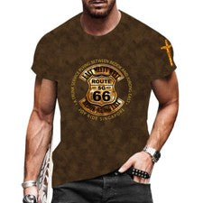 Camiseta De Hombre Route 66 Marrón Oro Cruz Moda Gráfico Manga Corta Camiseta