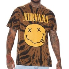 Camiseta Nirvana Tie Dye Para Hombre Marrón con Cara de Sonrisa Desgastada Nueva Con Etiquetas