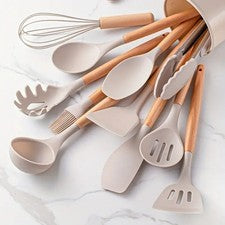 Juego de utensilios de cocina de silicona con mango de madera, 12 piezas.