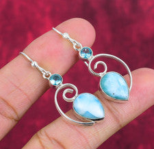 Pendientes de plata de ley 925 hechos a mano con piedras preciosas de topacio azul y Larimar