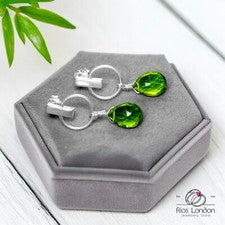 Pendientes mini aro peridoto plata 925 lágrima verde oliva, hipoalergénicos en caja