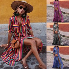Venta Caliente Para Mujer Vestido Camisa Para Mujer Botones Rayas Informal Suelto Manga Larga Moda