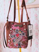 Bolso Bandolera Viral Ed Hardy Marrón Bling Cruz Tachonado ~ Y2K~ Nuevo con Etiquetas