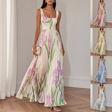 Vestido sin mangas formal plisado estampado para mujer línea A fiesta verano vestidos midi