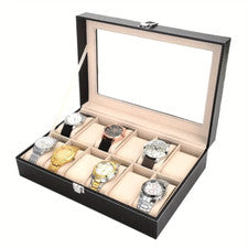 Caja de almacenamiento de reloj de cuero PU con tapa de vidrio transparente, cierre abatible, negro