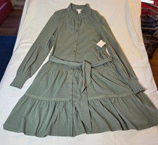 Vestido midi para mujer Caslon verde manga larga botón delantero con cinturón talla S nuevo sin etiquetas