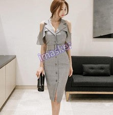 Vestido lápiz de moda para mujer con solapa fuera del hombro paquete de cadera hasta la rodilla