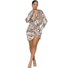 Mujeres Moda Vestido de Gasa Solapa Mangas Largas Cuello en V Informal Pullover Sexy Nuevo
