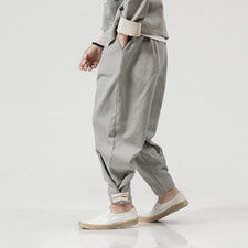Pantalones informales de algodón y lino para hombre estilo chino con cordón cintura elástica