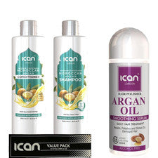 Set de cuidado capilar con aceite de argán, champú y acondicionador 500 ml cada uno, suero capilar 207 ml