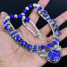 Collar tibetano boho nepalí hecho a mano de plata de ley 925 lapislázuli 18" PG93
