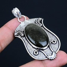 Plata Brillo Obsidiana Piedra preciosa Hecho a mano 925 Plata Joyería...