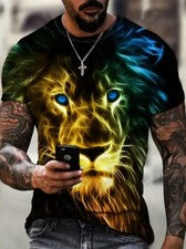 Camisetas Amarillo Azul León Cabeza Novedad Moda Manga Corta Hombre Elegante Tee