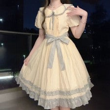 Vestido beige niña mujer lolita volantes cordón lazo manga corta línea A