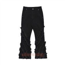 Pantalones largos acampanados punk estilo callejero para hombre flecos empalme corte bota pantalones negros